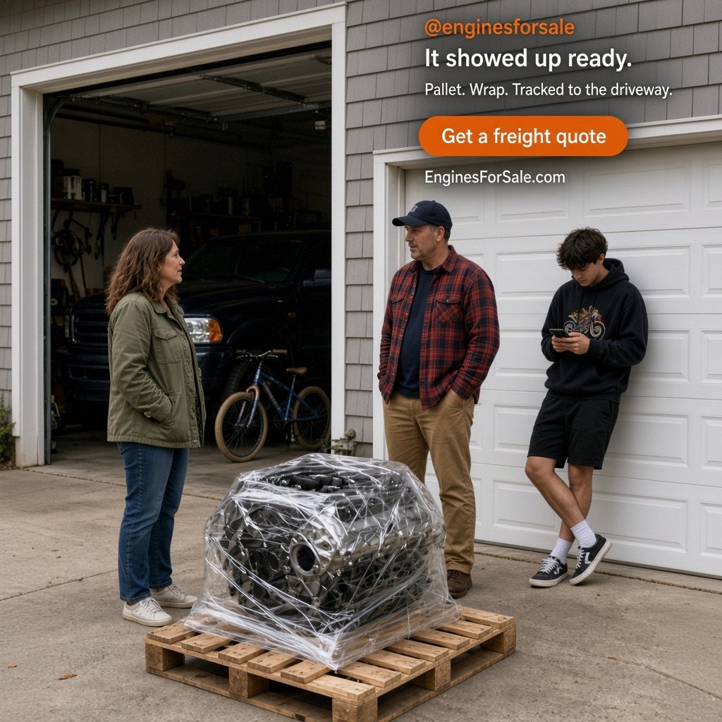 Family receiving a palletized wrapped engine in a home driveway