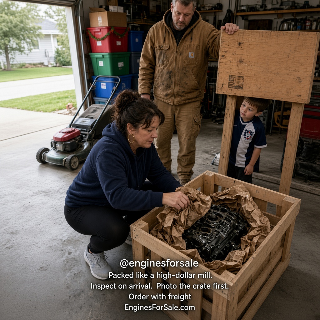 Parents and a child opening a wooden engine crate