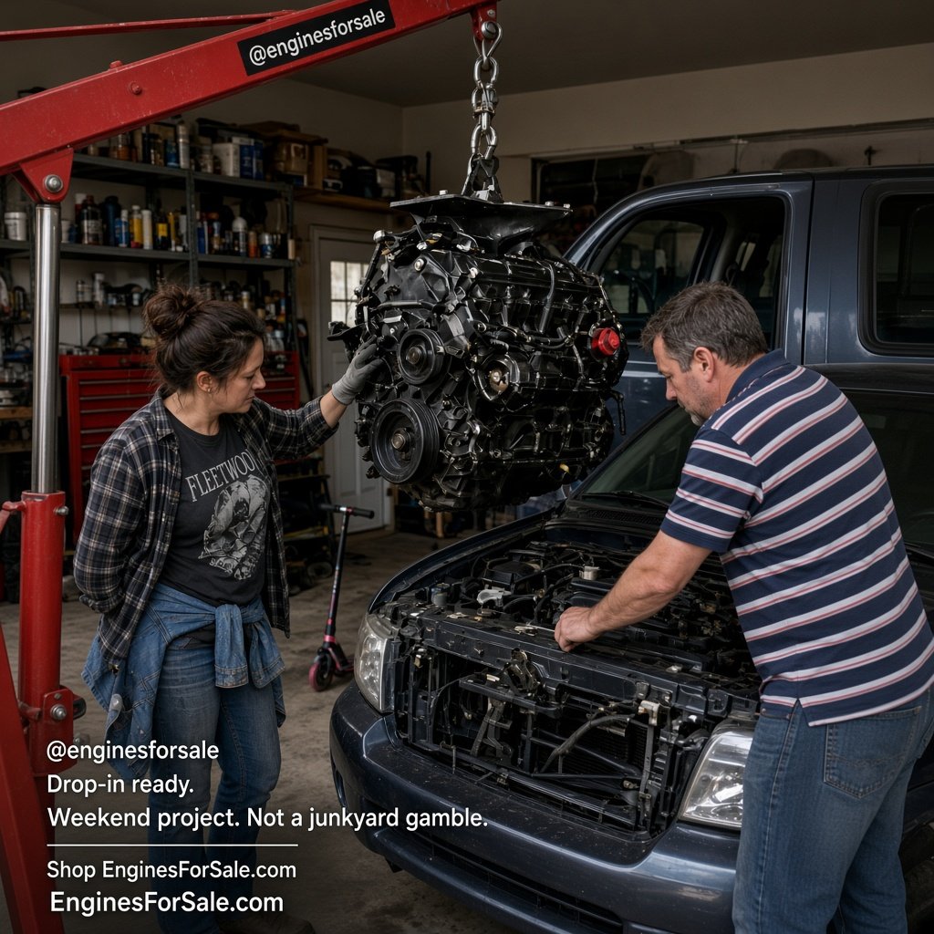 Couple lowering an engine into a pickup with a hoist