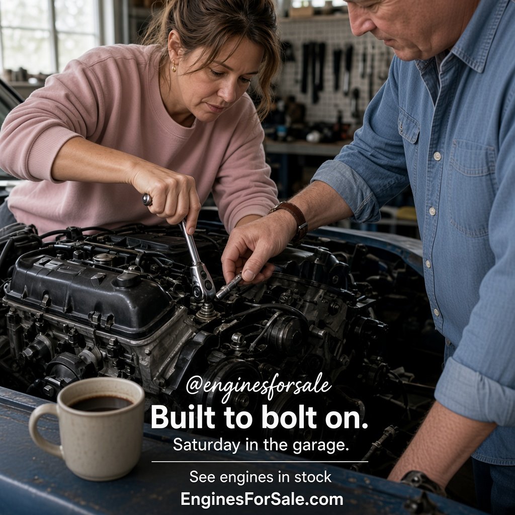 Two people assembling accessories on a reman engine
