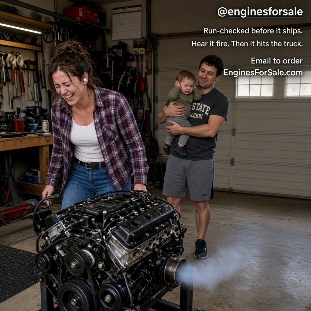 Woman listening to a run-tested engine in a home garage
