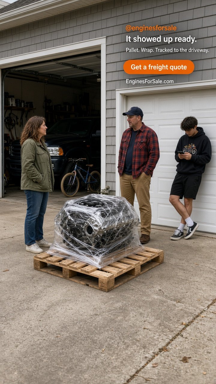 A family in mixed weekend clothes receiving a shrink-wrapped engine on a pallet in the driveway
