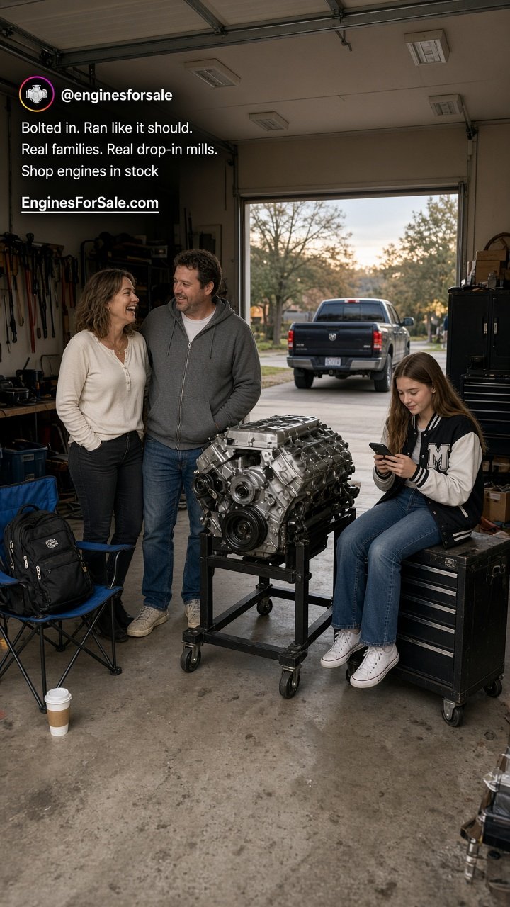 Parents and a teenager in everyday clothes talking over a reman engine on a stand in a home garage