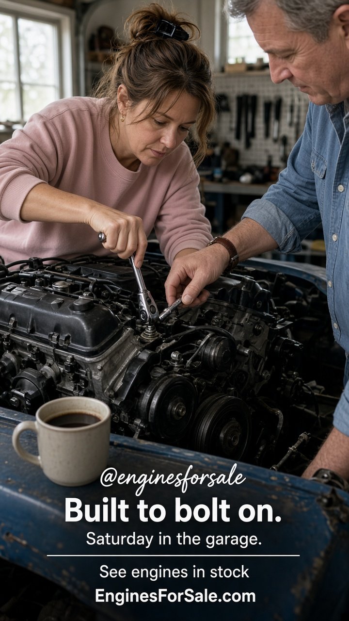 A woman in a pink sweatshirt and a man in a blue shirt assembling a reman engine with a torque wrench