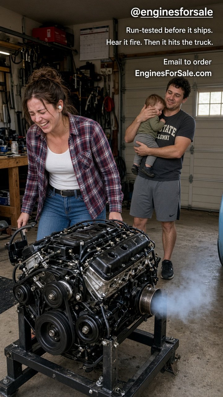 A woman in a flannel smiling as an engine runs, a partner holding a toddler covering their ears