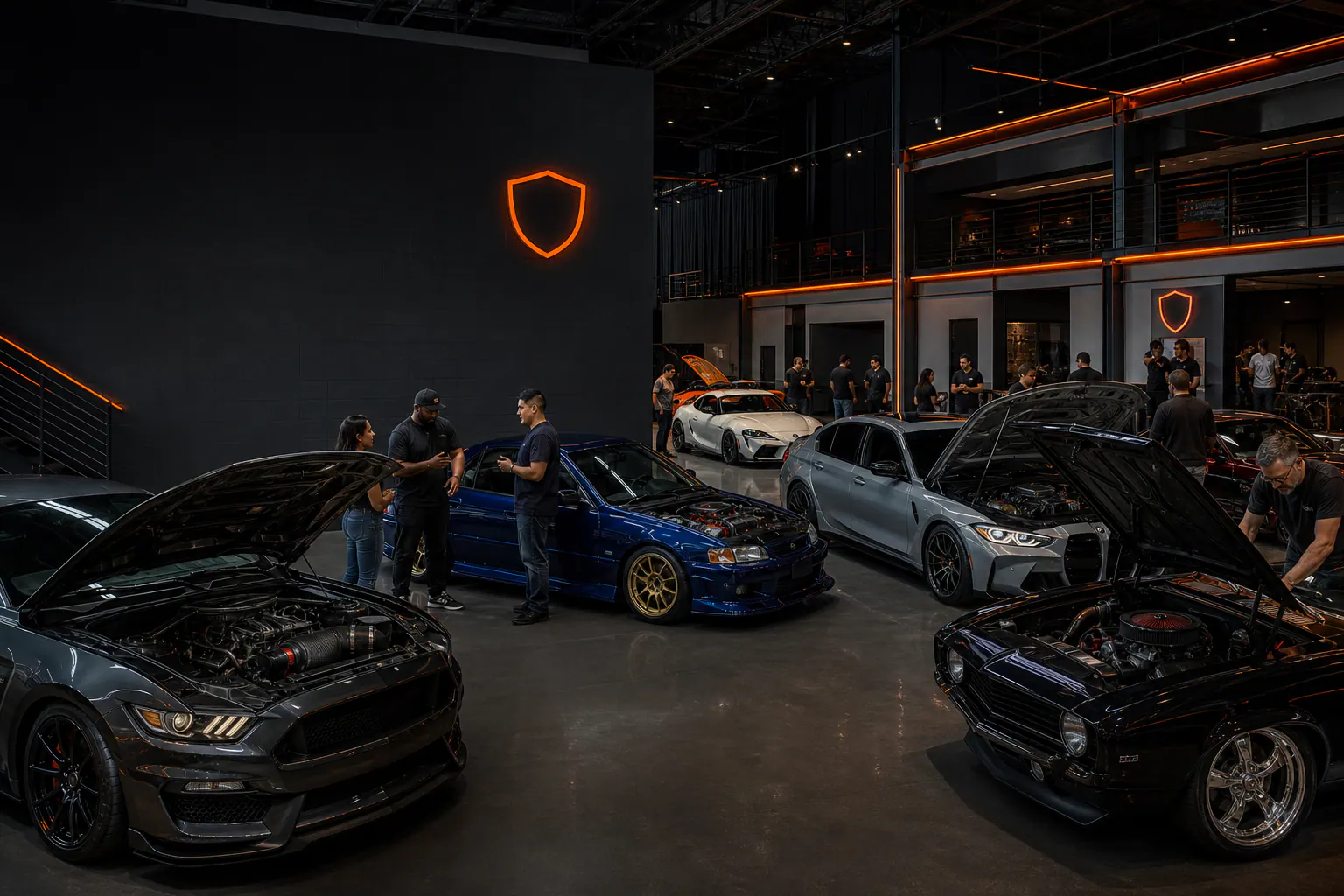 Performance car community event at the EnginesForSale industrial venue