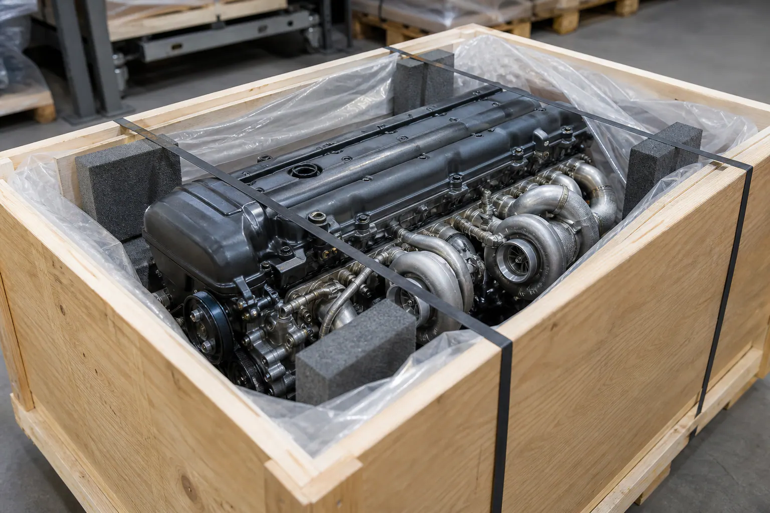 2JZ engine packed in freight shipping crate