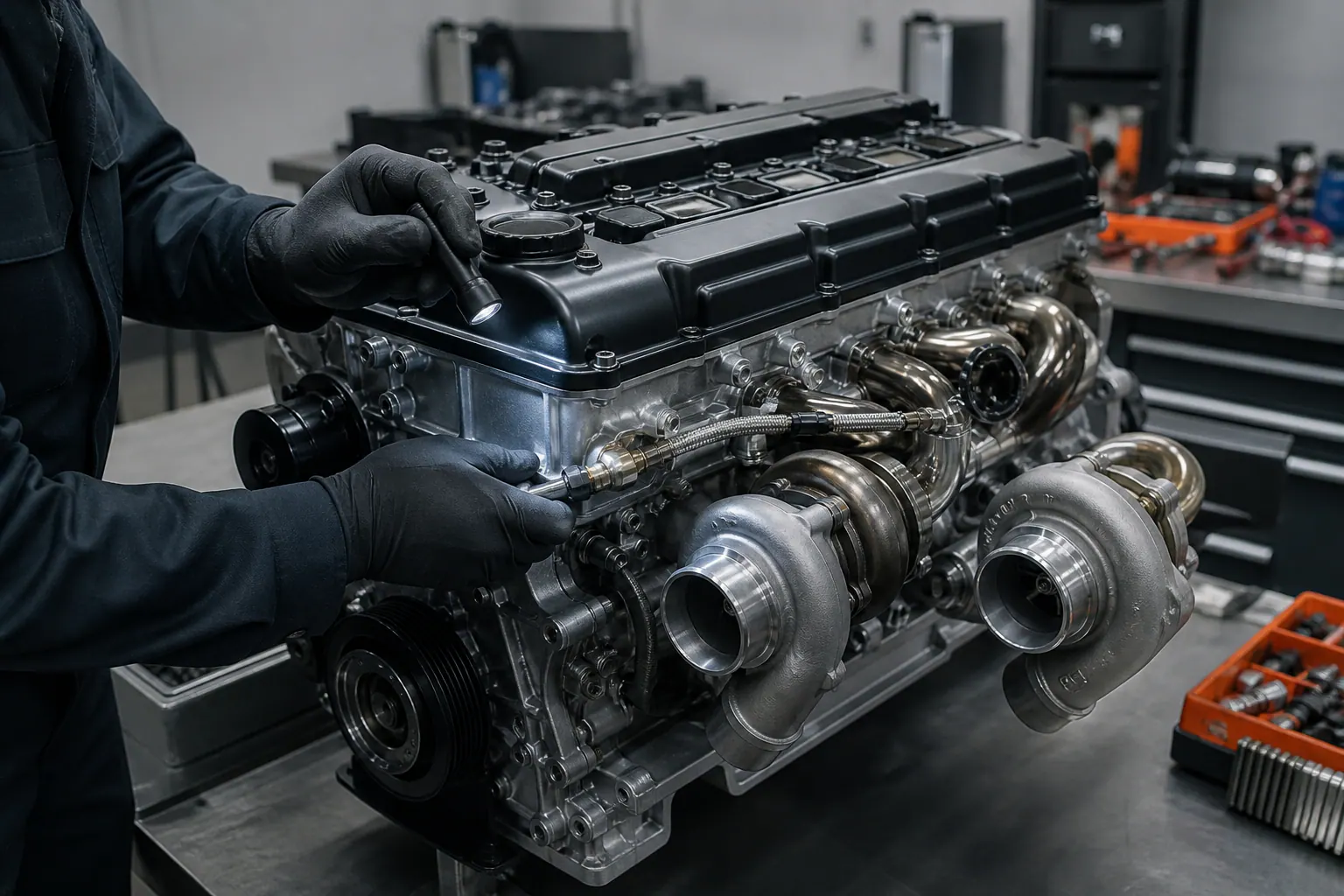 Technician inspecting 2JZ turbo oil-feed fittings