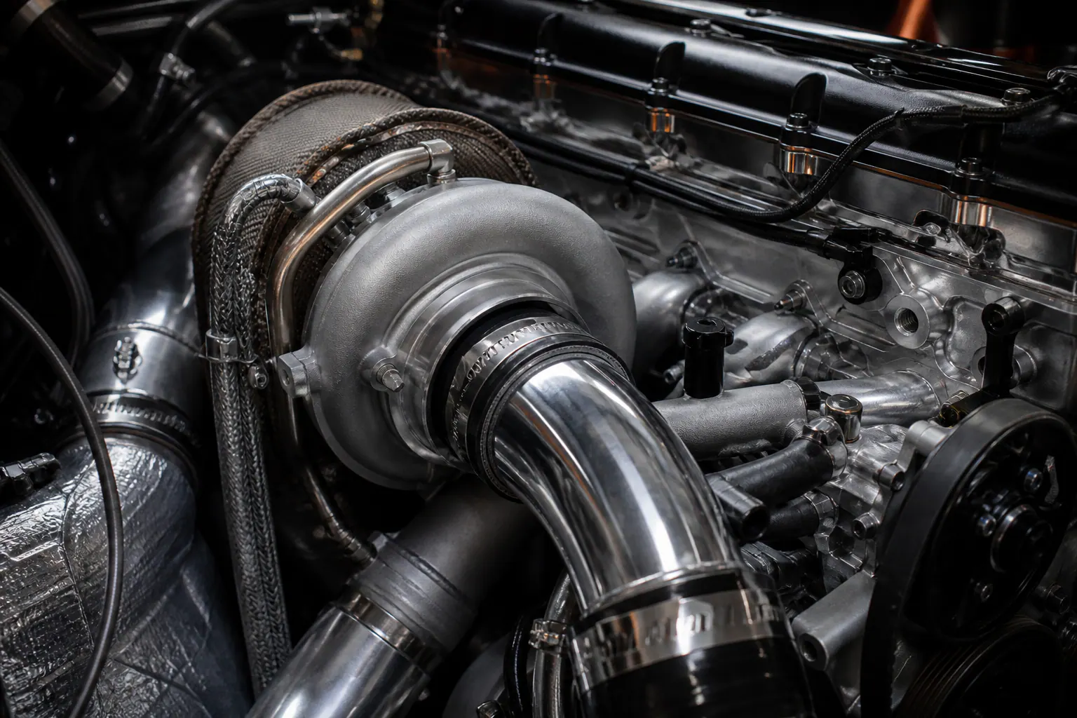 2JZ turbocharger and intake plumbing close-up