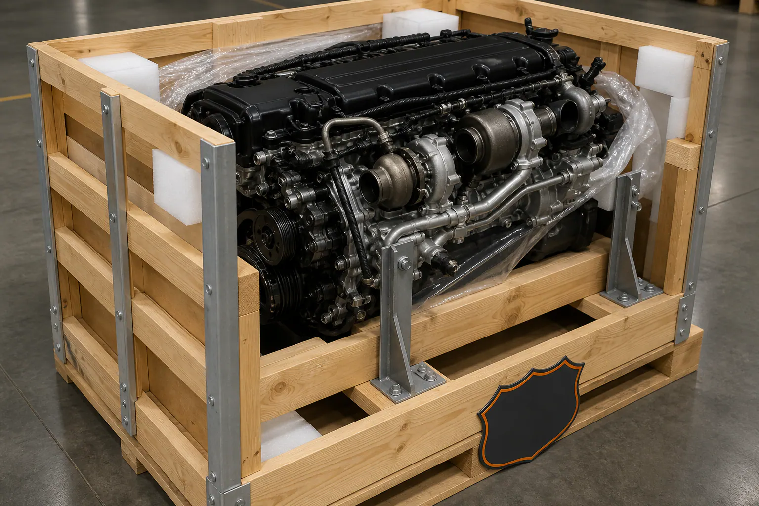 B58 engine secured in branded freight crate