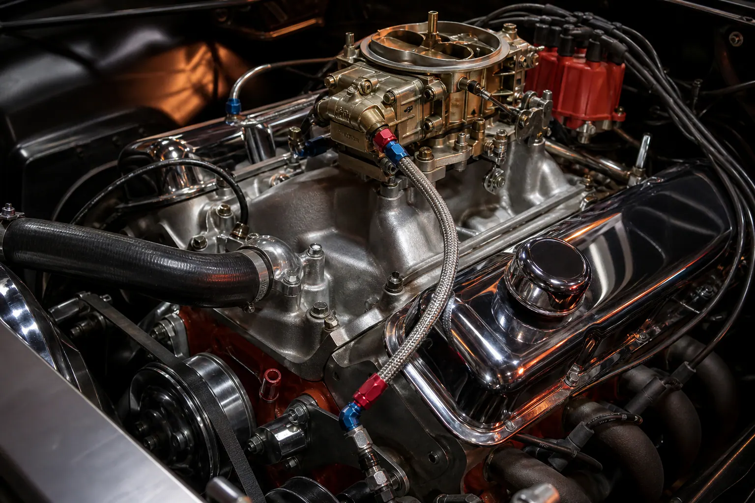 350 Chevy carburetor and intake detail