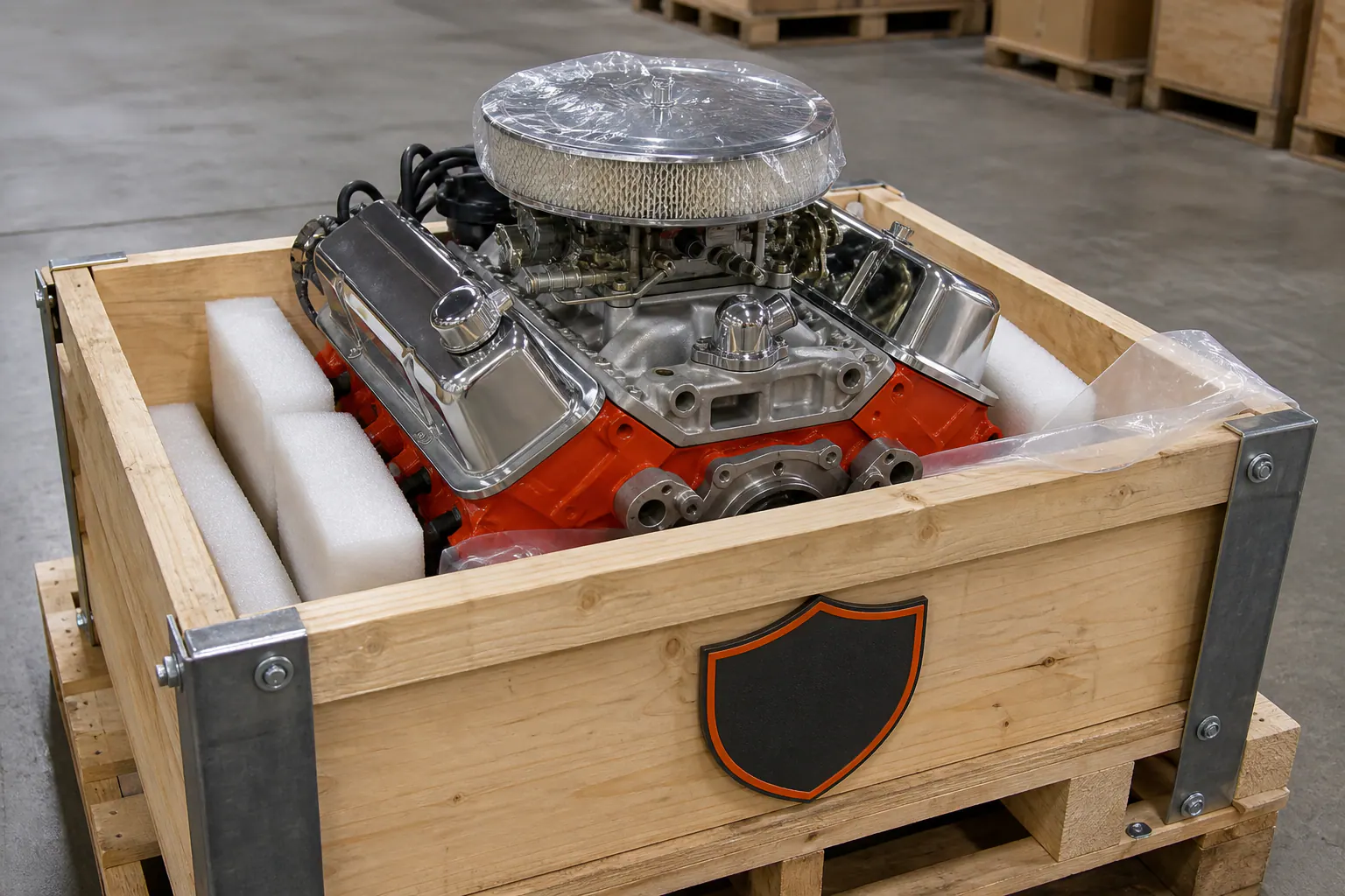 350 Chevy engine secured in branded freight crate