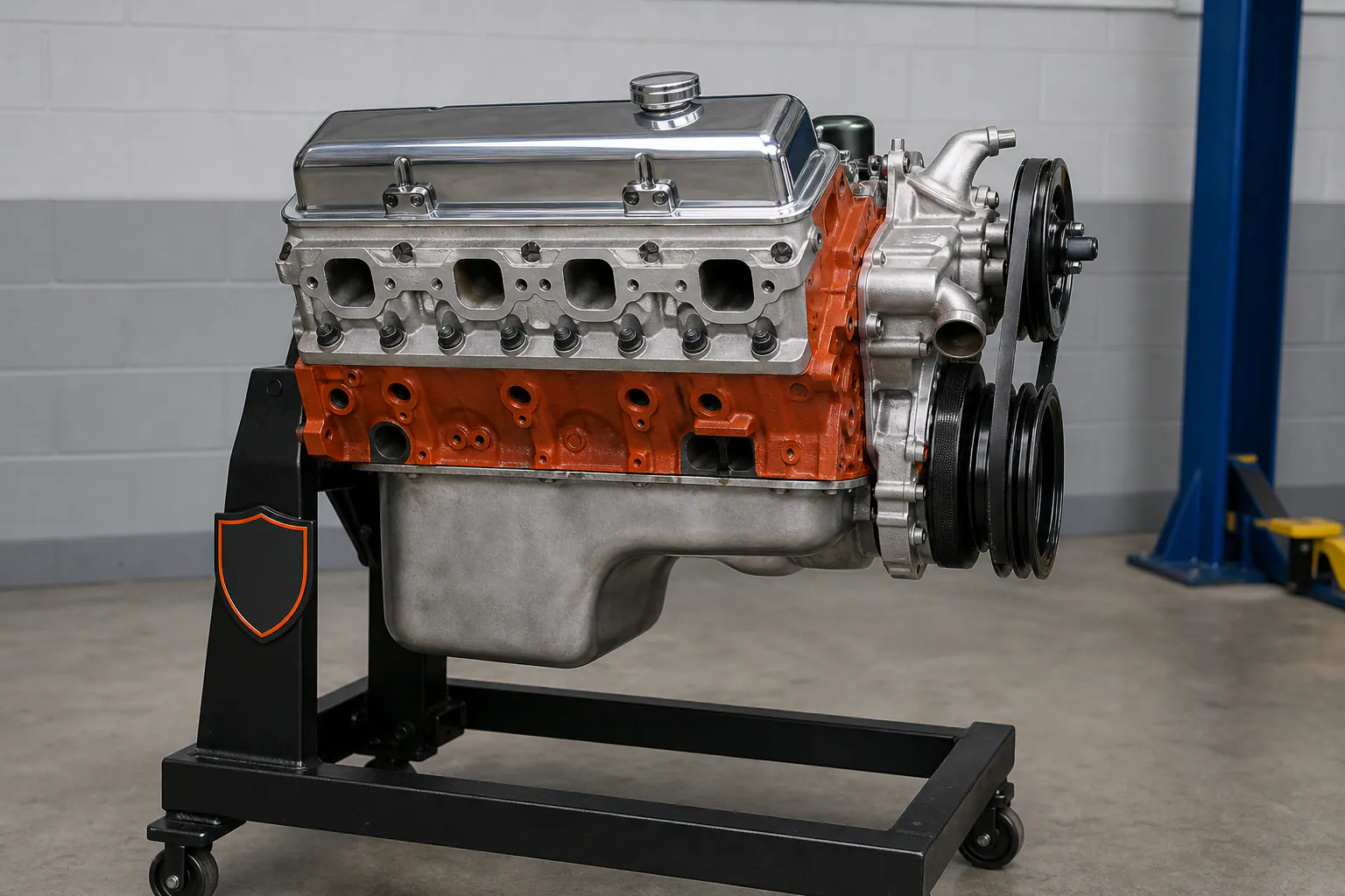 350 Chevy small-block on branded stand