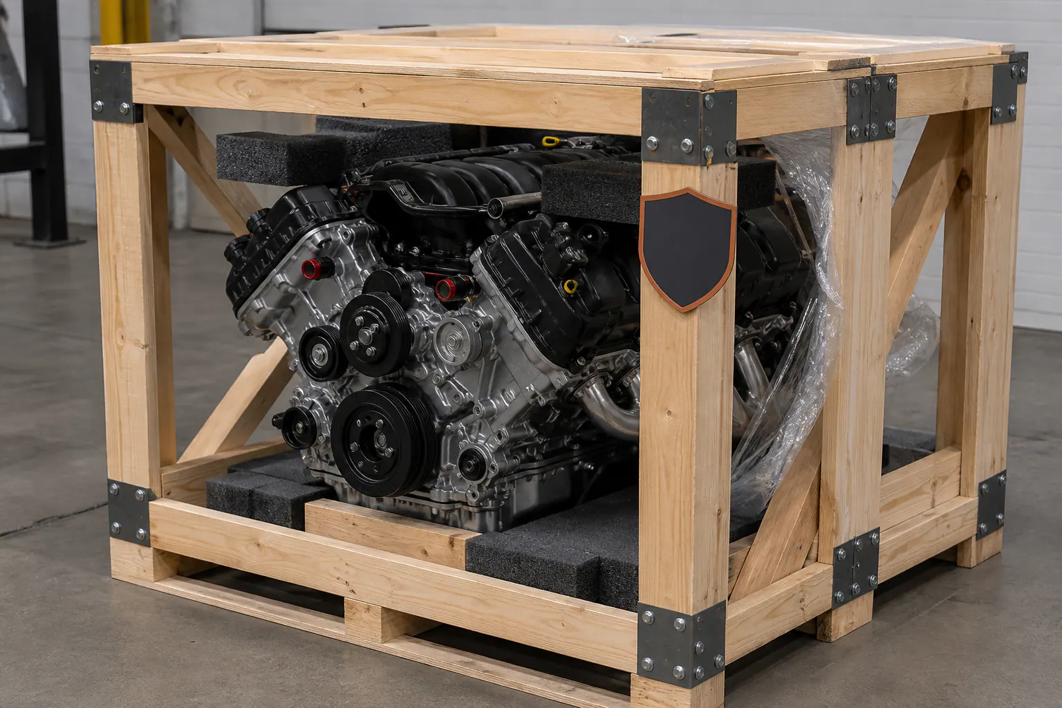 5.0 Coyote engine secured in branded freight crate