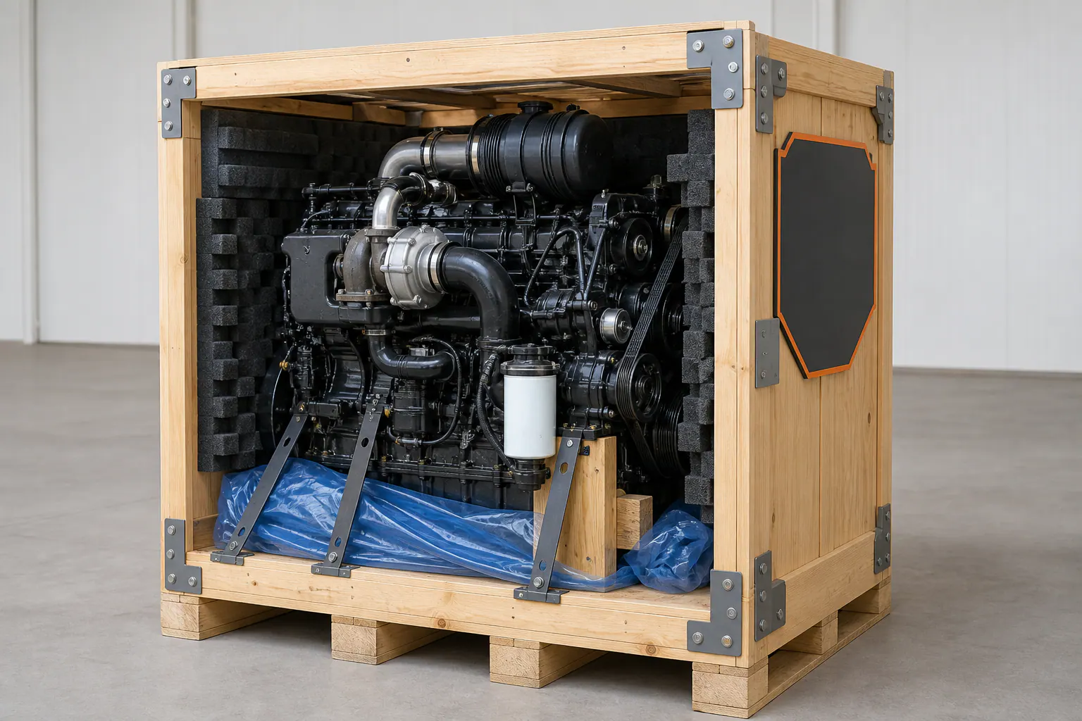 Cummins engine protected in reinforced freight crate