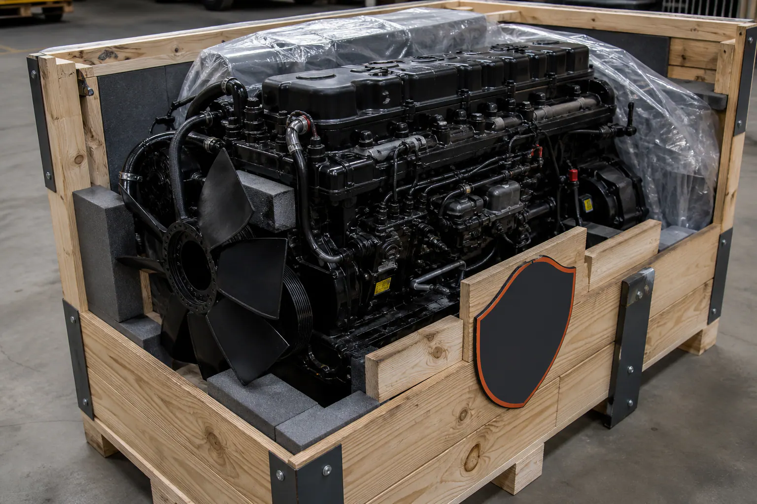 5.9 Cummins engine secured in reinforced freight crate