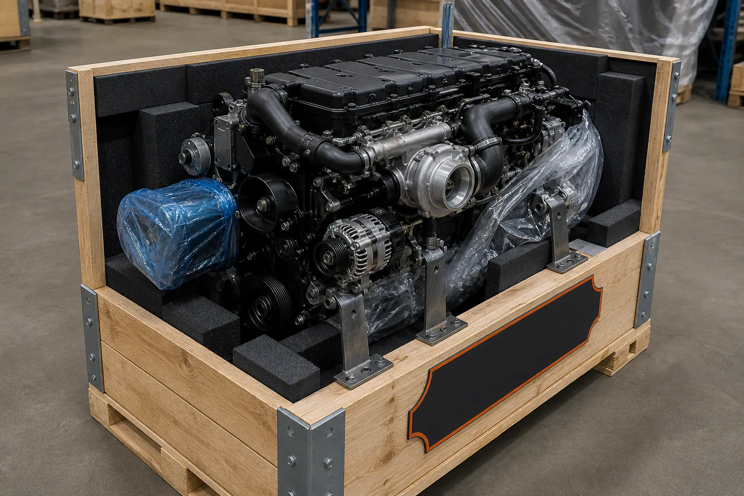 6.7 Cummins engine secured in reinforced freight crate