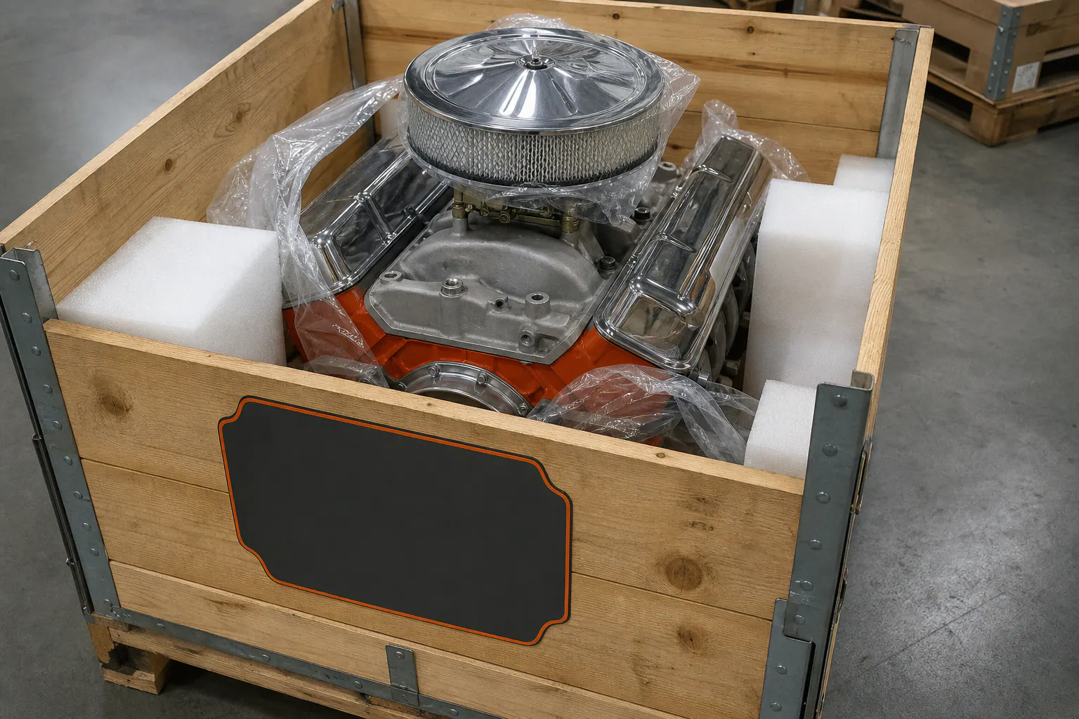 350 engine secured in branded freight crate