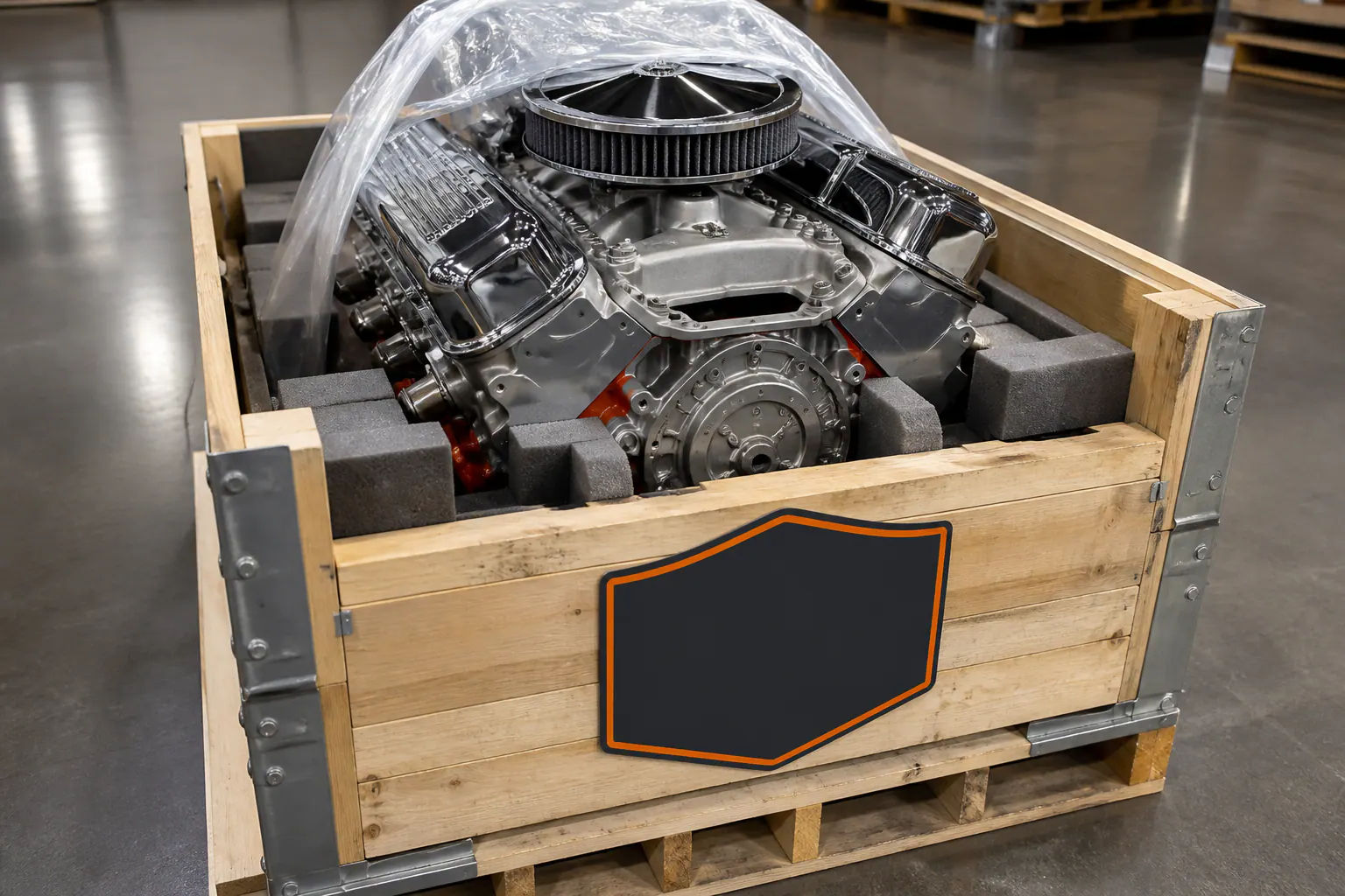 454 engine protected in reinforced freight crate