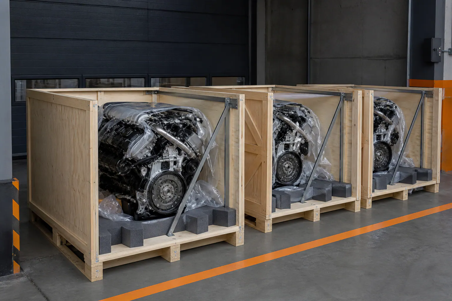 Representative crated engines ready for freight shipping