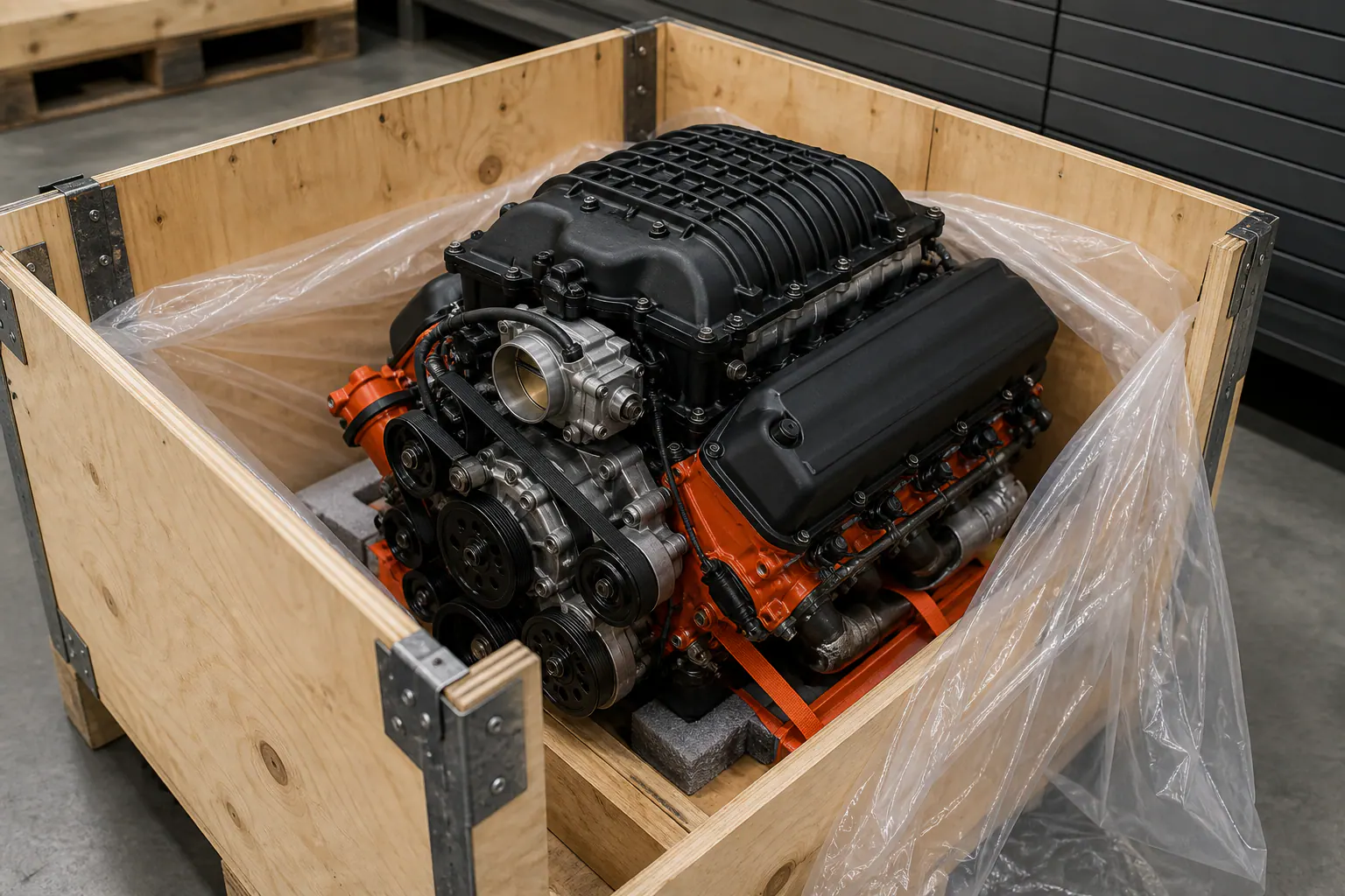 Hellcat engine secured for freight shipping