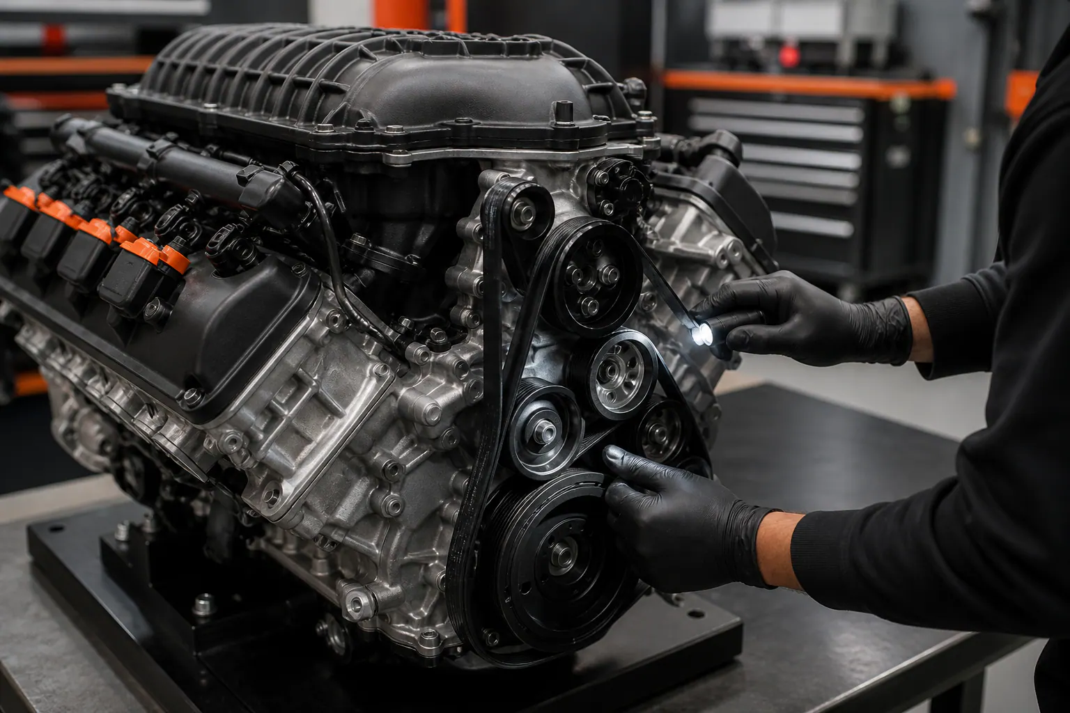 Technician inspecting Hellcat serpentine belt alignment