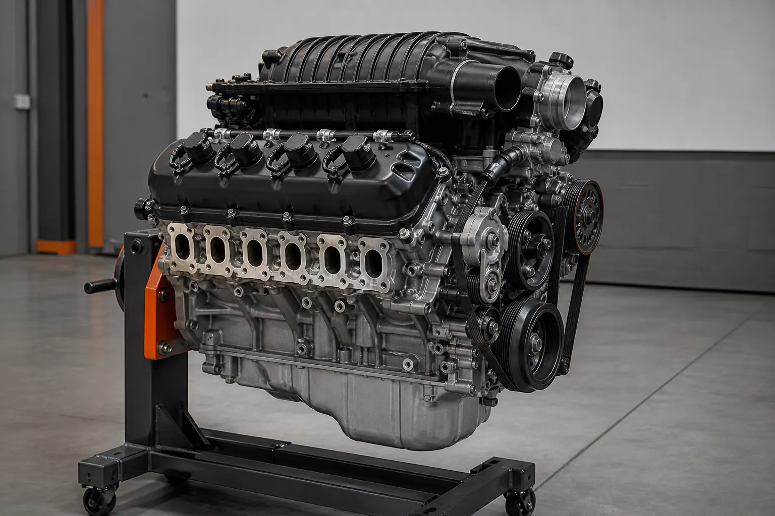 Hellcat engine side profile on inspection stand