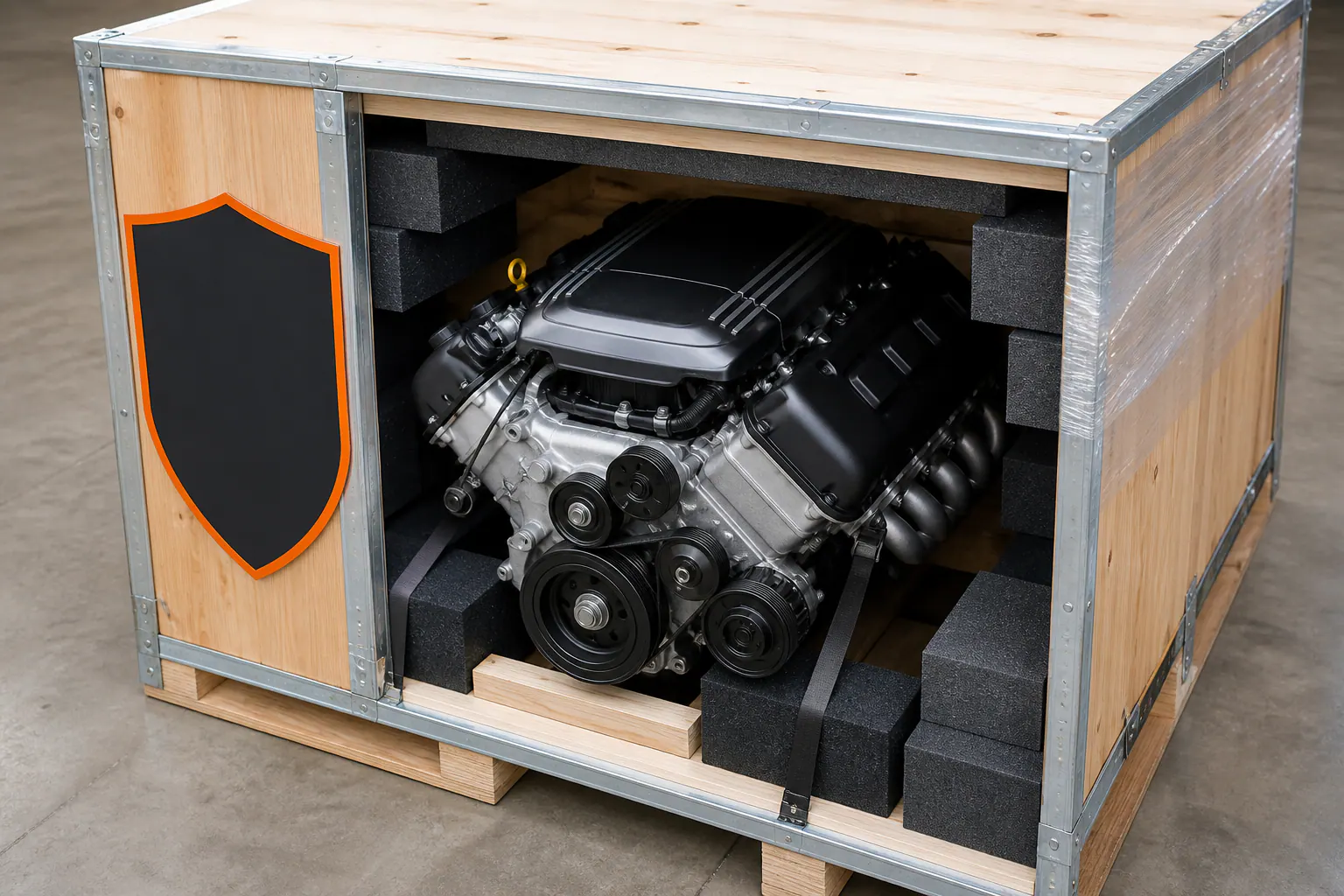 HEMI engine protected in branded freight crate