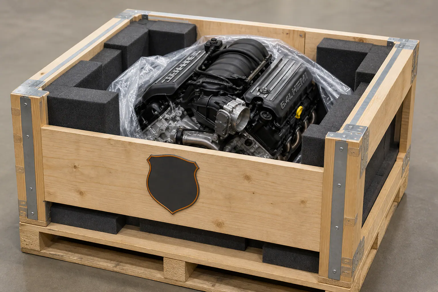 6.4 HEMI engine secured in branded freight crate