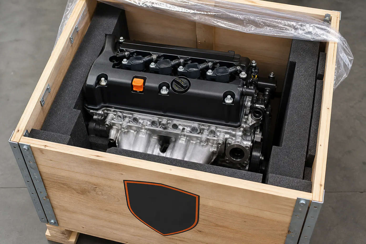 K20 engine packed in branded freight crate