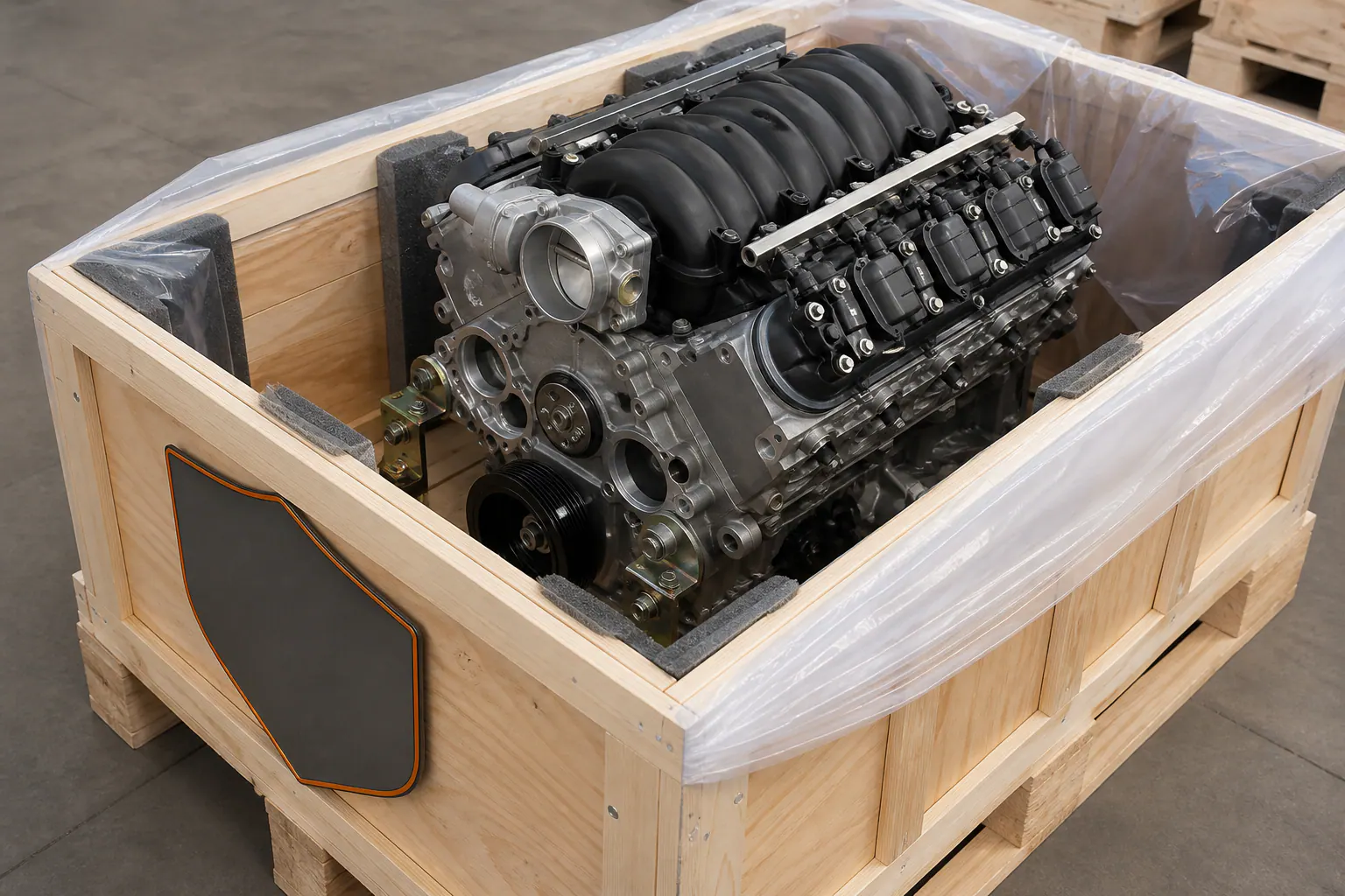 LQ9 engine protected in branded freight crate