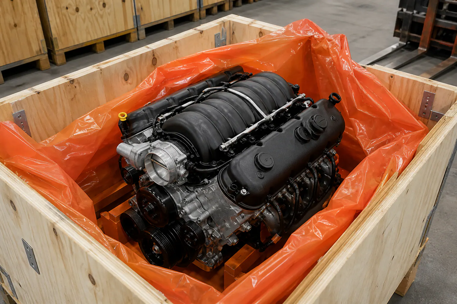 LS3 engine secured in wooden shipping crate