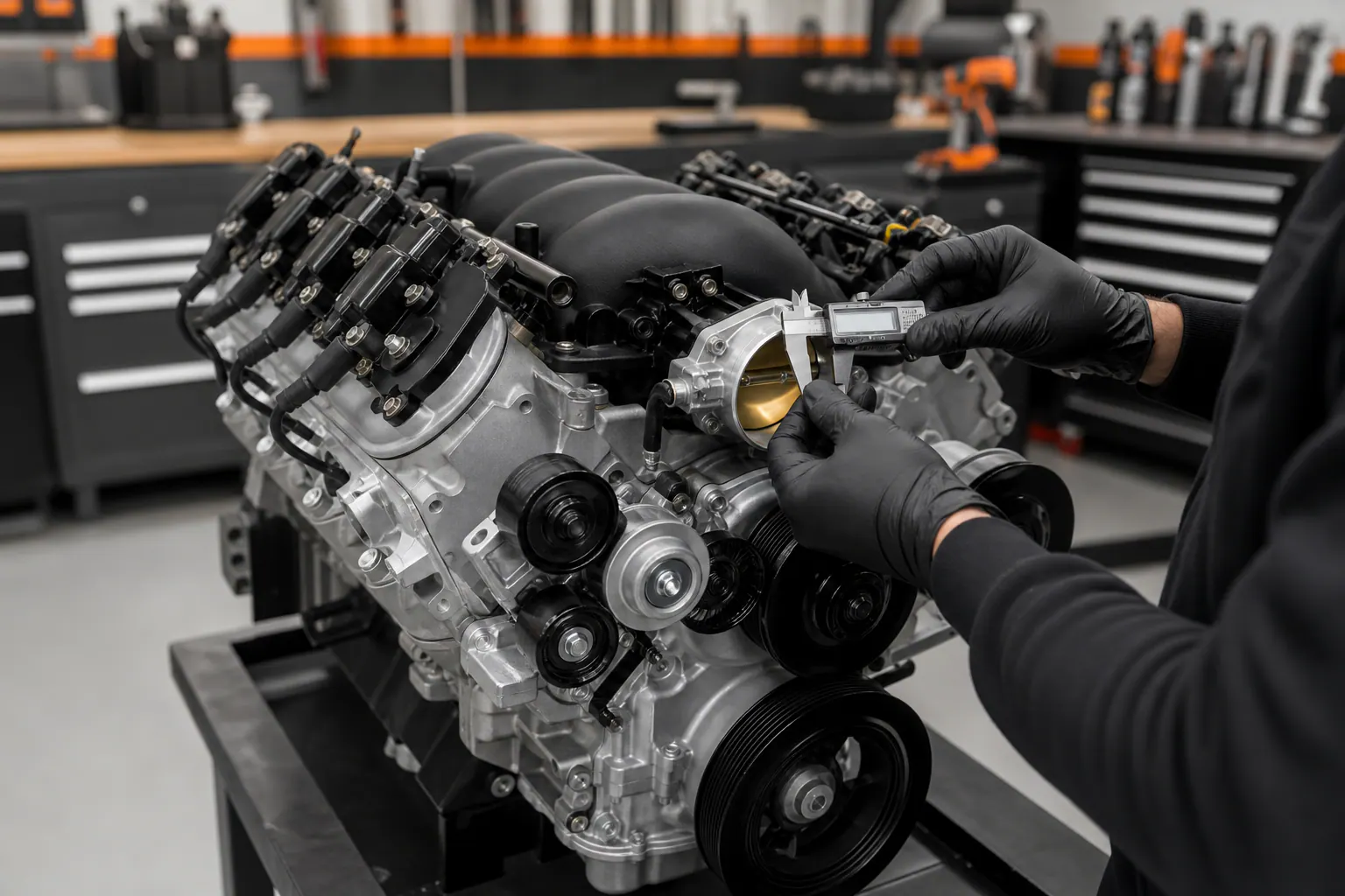 Technician inspecting LS3 engine with calipers