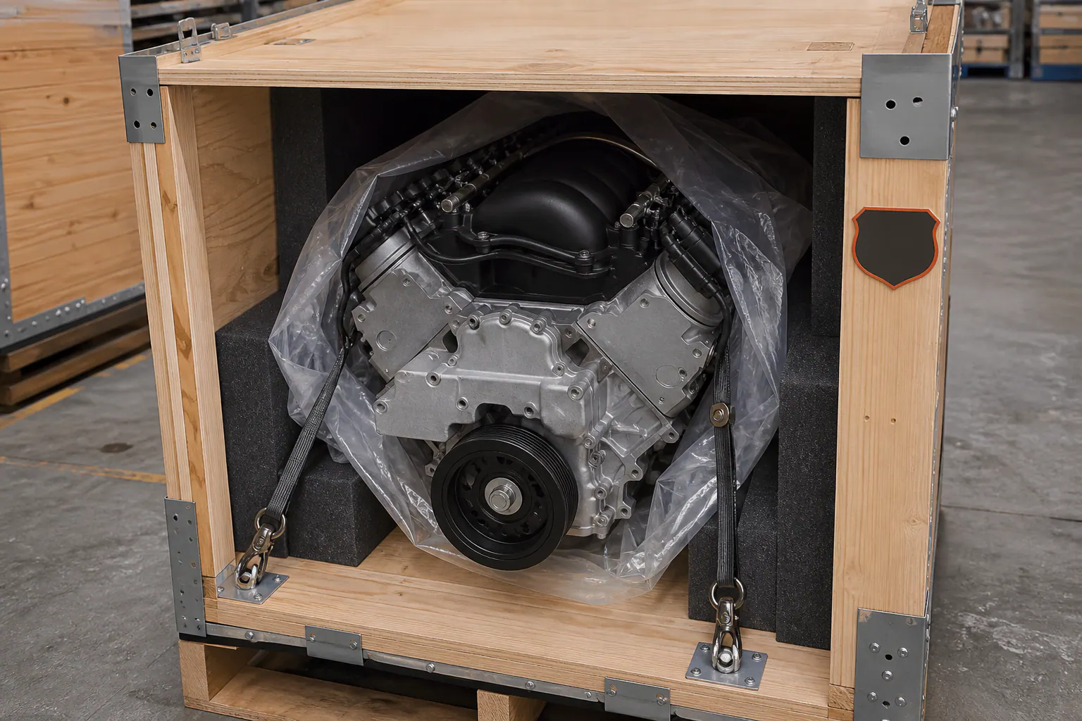 5.3 LS engine secured in branded freight crate