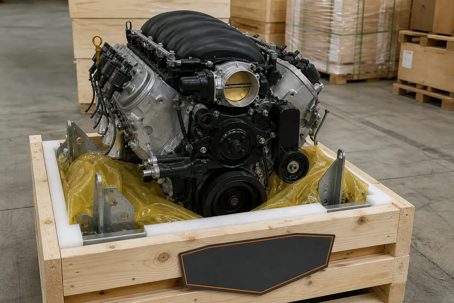 6.0 LS engine secured in branded freight crate