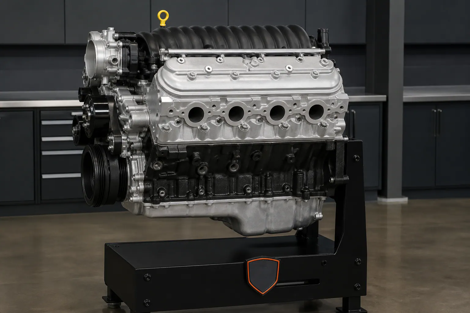 6.0 LS engine on branded inspection stand