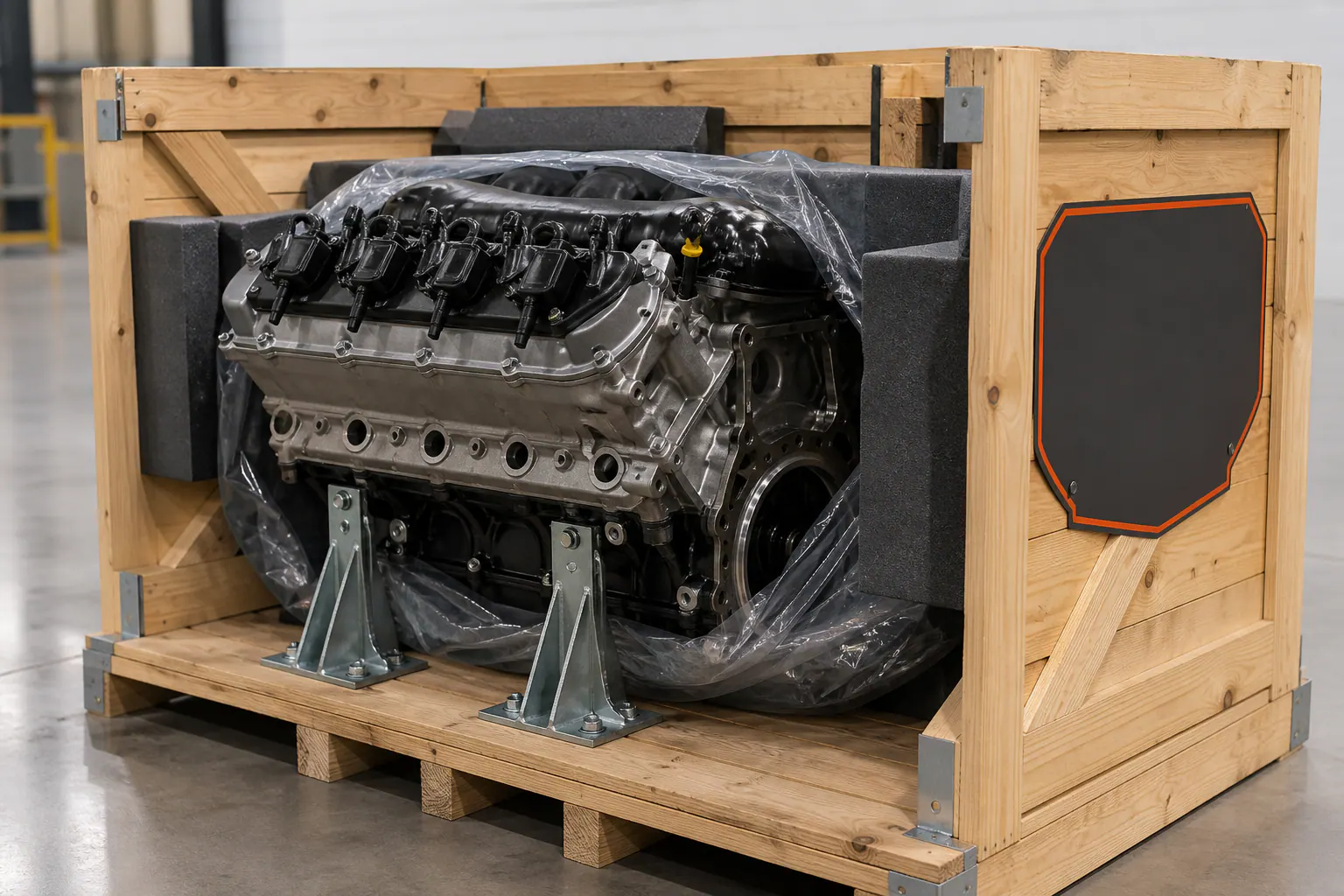 6.2 LS engine secured in branded freight crate