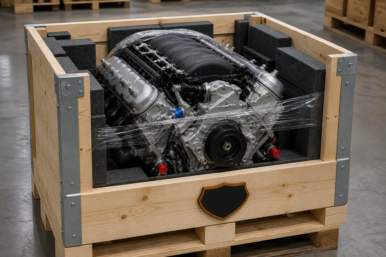 LS7 engine secured in premium freight crate