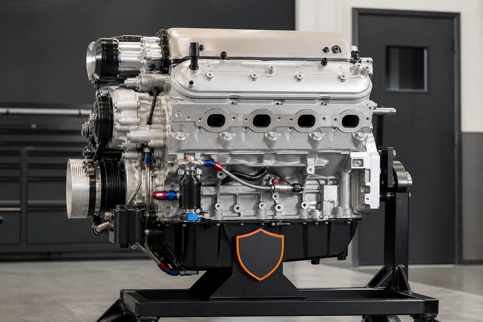 LS7 engine side profile on branded stand