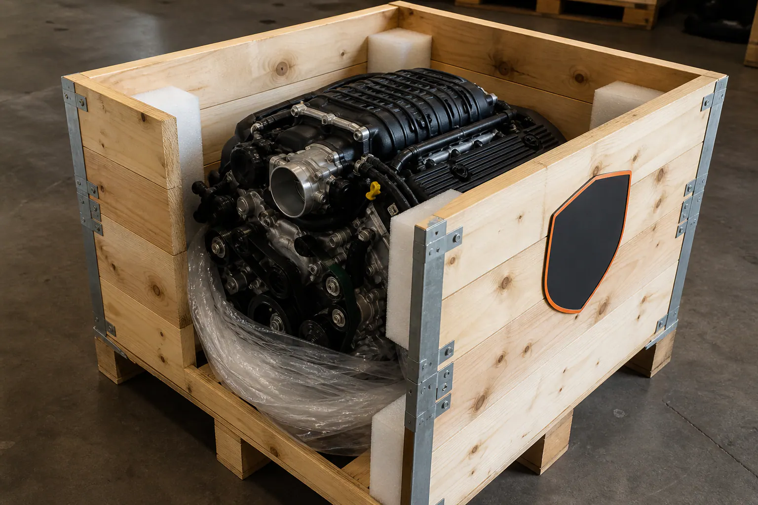 LT4 engine secured in premium freight crate