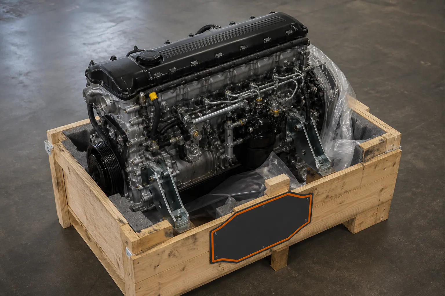 OM606 engine protected in branded freight crate