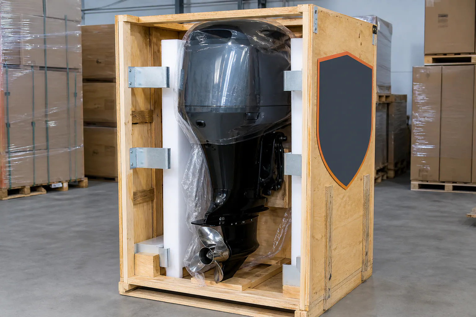 Outboard engine secured in tall freight crate