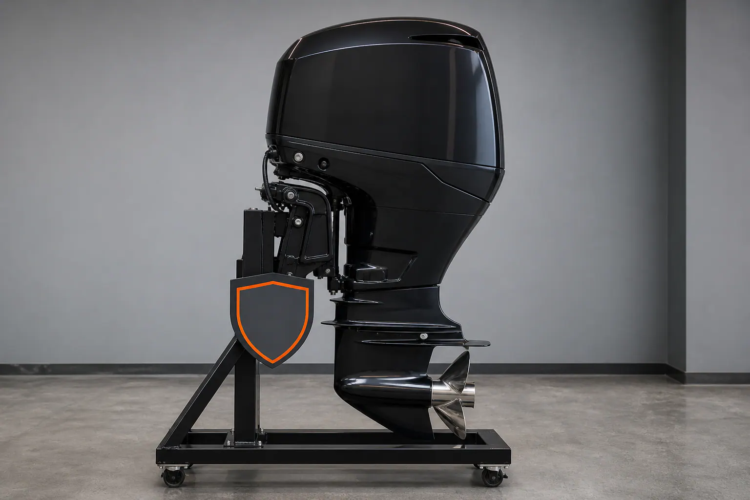 Outboard engine full side profile on branded stand
