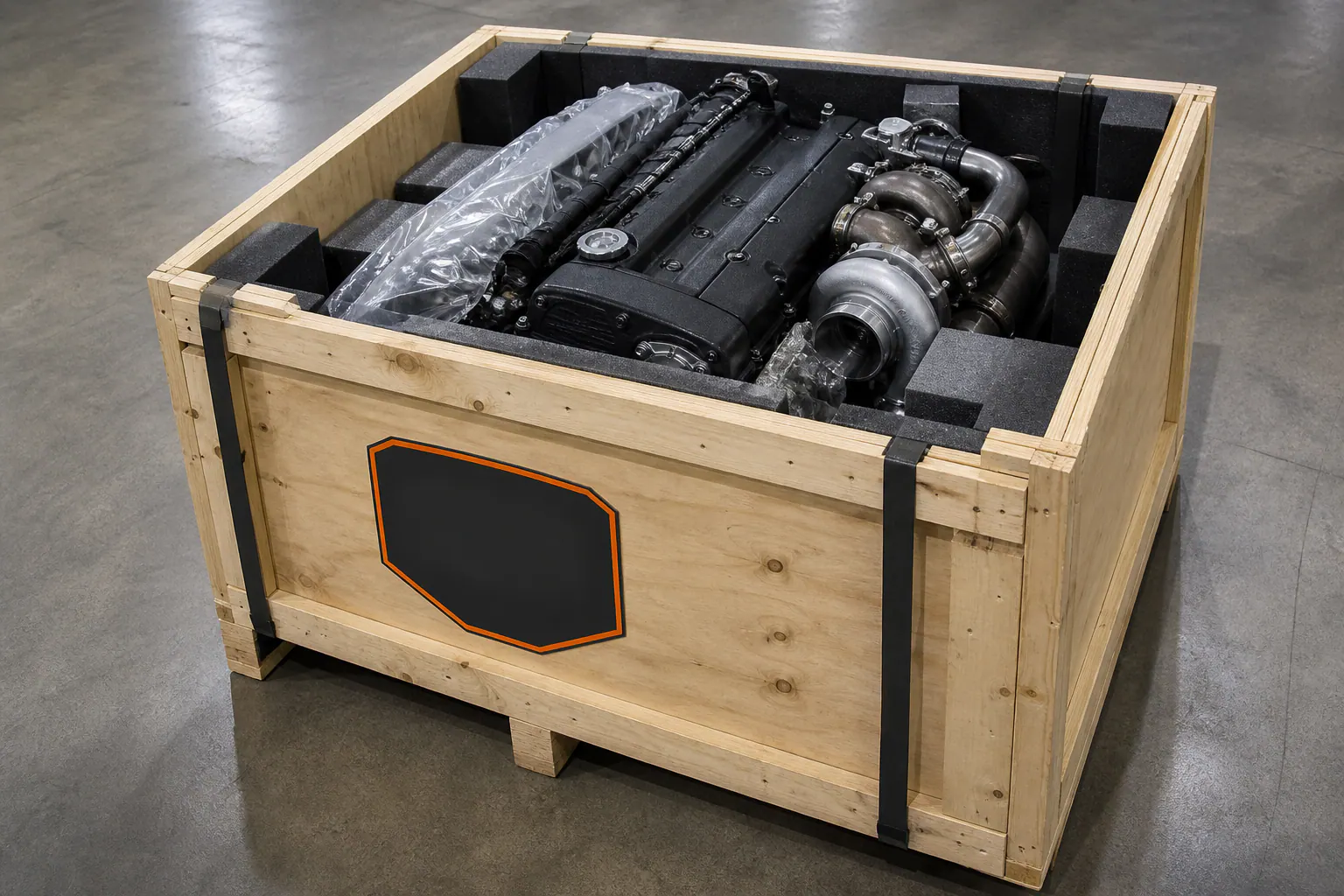 RB26 engine secured in branded freight crate