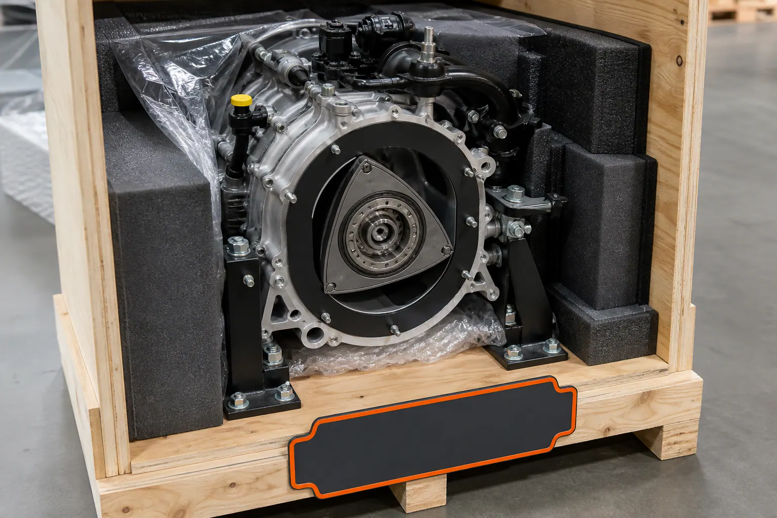 Rotary engine protected in branded freight crate