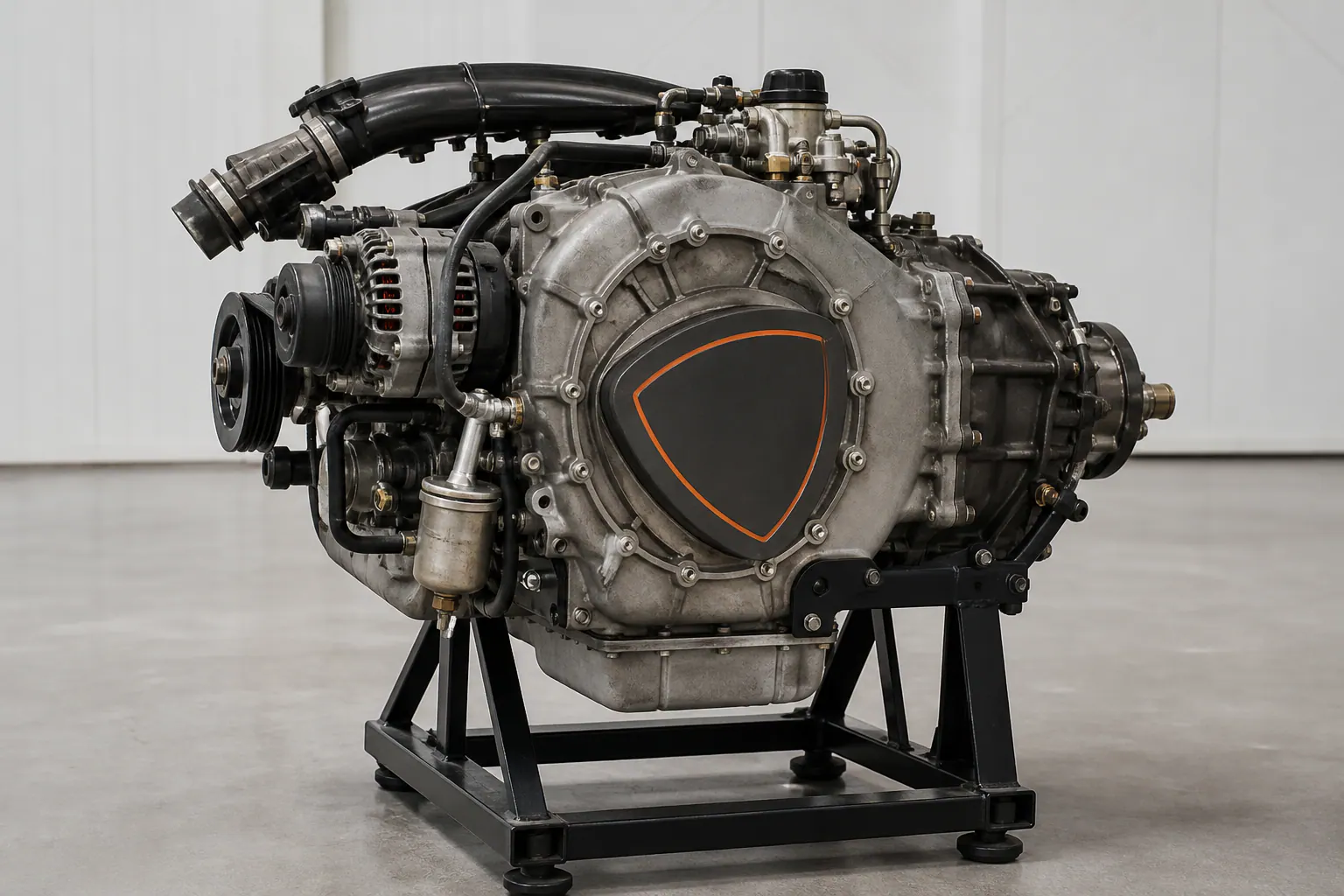 Rotary engine side profile on branded stand