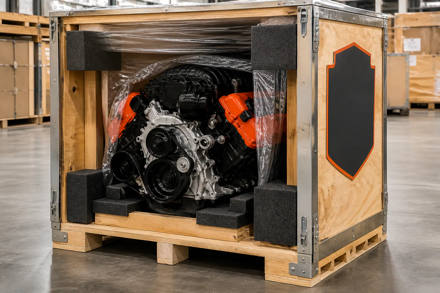 Scat Pack engine protected in premium freight crate