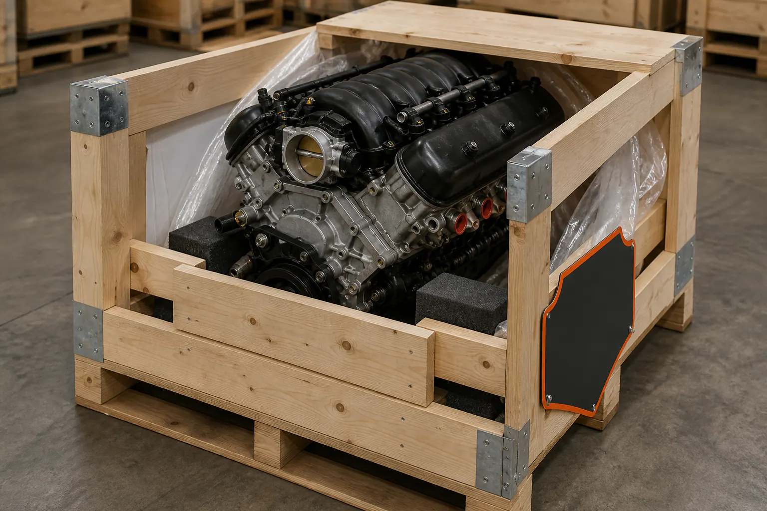 V8 engine secured in branded freight crate