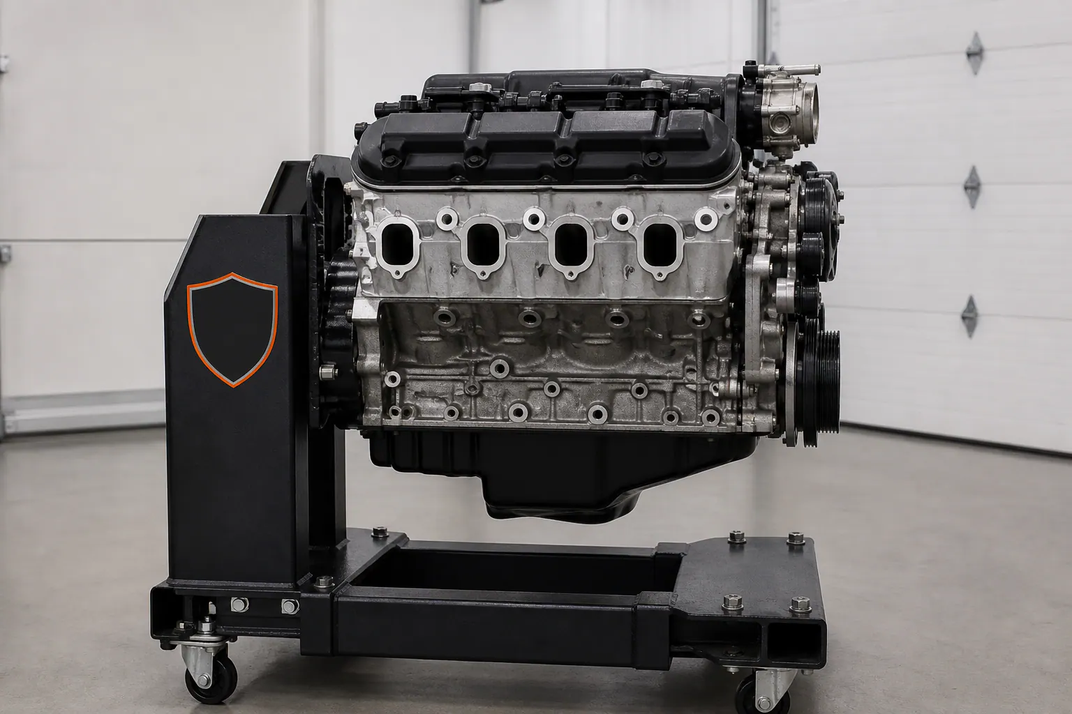 V8 engine on branded inspection stand