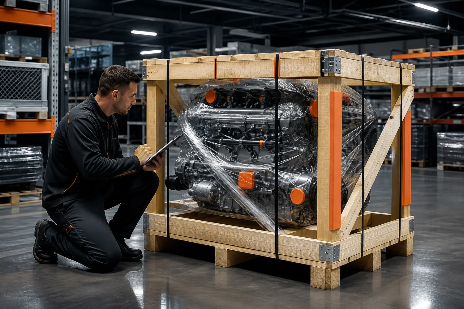 Technician inspecting a finished wooden engine shipping crate